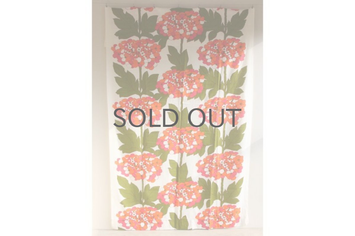 画像2: 北欧ヴィンテージテキスタイル オレンジ花&グリーン葉 カーテン (2)