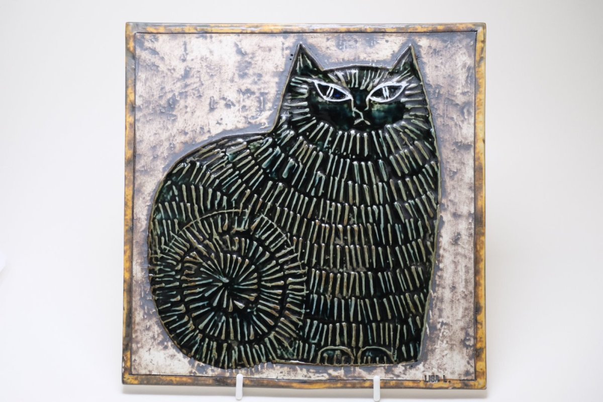 画像1: 北欧雑貨/Lisa Larson /リサ・ラーソン/ アンティーク/UNIK/Katt/ダークグリーン/ネコ陶板 (1)